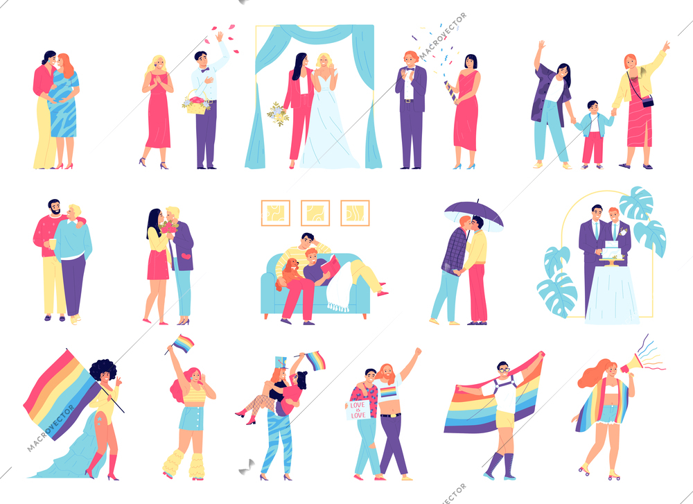 Lgbt icon set vector couples in love marry spend their free time walk with their children attend gay parades with rainbow flags illustration