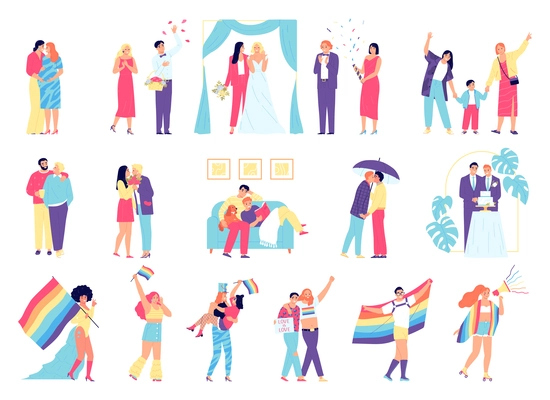 Lgbt icon set vector couples in love marry spend their free time walk with their children attend gay parades with rainbow flags illustration