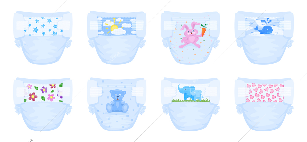 Baby diaper flat design set with isolated images of panties with various childish artworks on pilch vector illustration