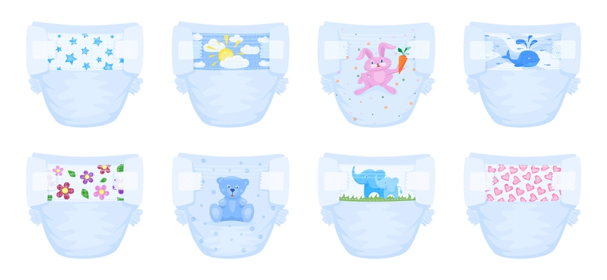 Baby diaper flat design set with isolated images of panties with various childish artworks on pilch vector illustration