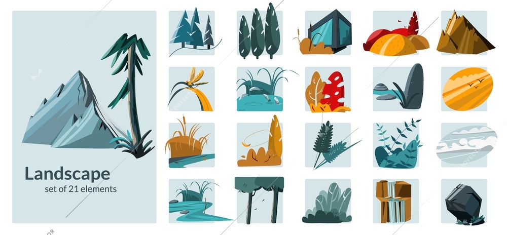 Landscape nature flat set with isolated square compositions of doodle style terrain elements plants and mountains vector illustration