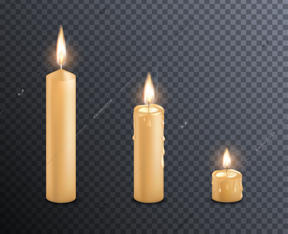 Melting candles set with isolated realistic images stick shaped candles with burning fire on transparent background vector illustration