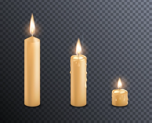 Melting candles set with isolated realistic images stick shaped candles with burning fire on transparent background vector illustration