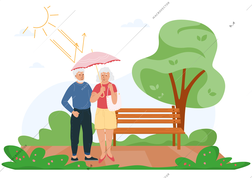 Sun protection flat background composition with outdoor park scenery and old couple holding umbrella against sunlight vector illustration