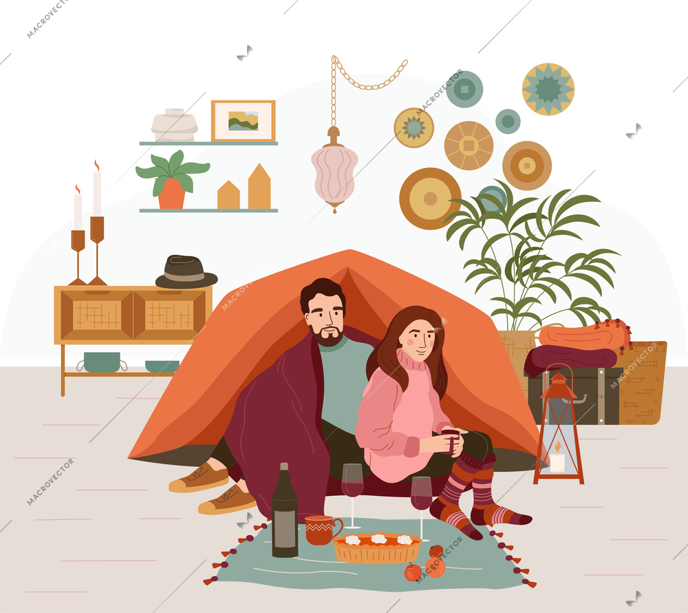 Hugge lifestyle flat composition with indoor interior scenery and loving couple having basket picnic at home vector illustration