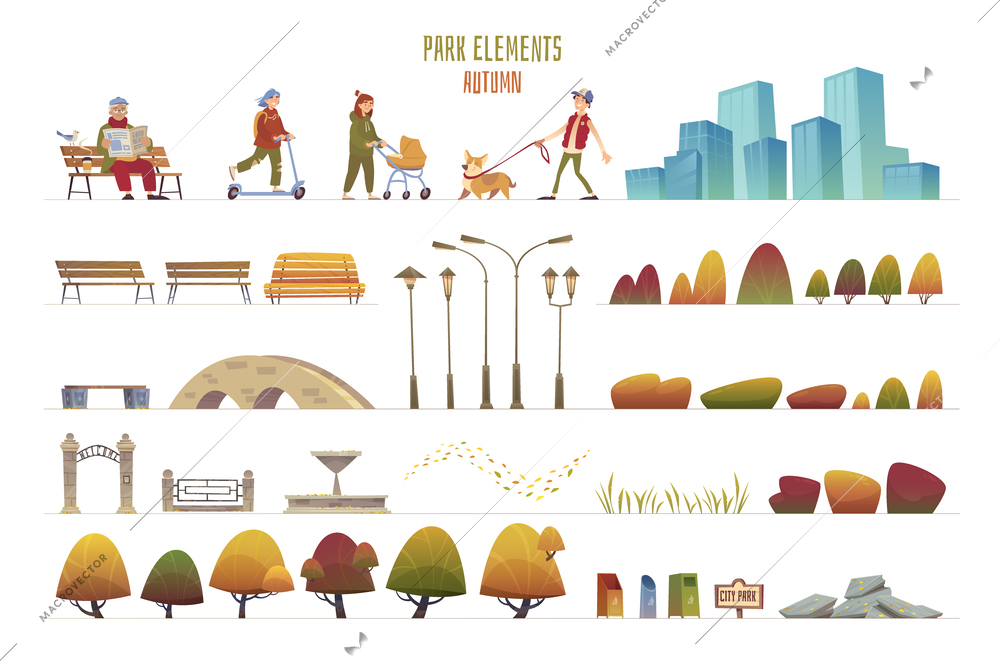 City park autumn set of trees architectural elements and walking people cartoon isolated vector illustration