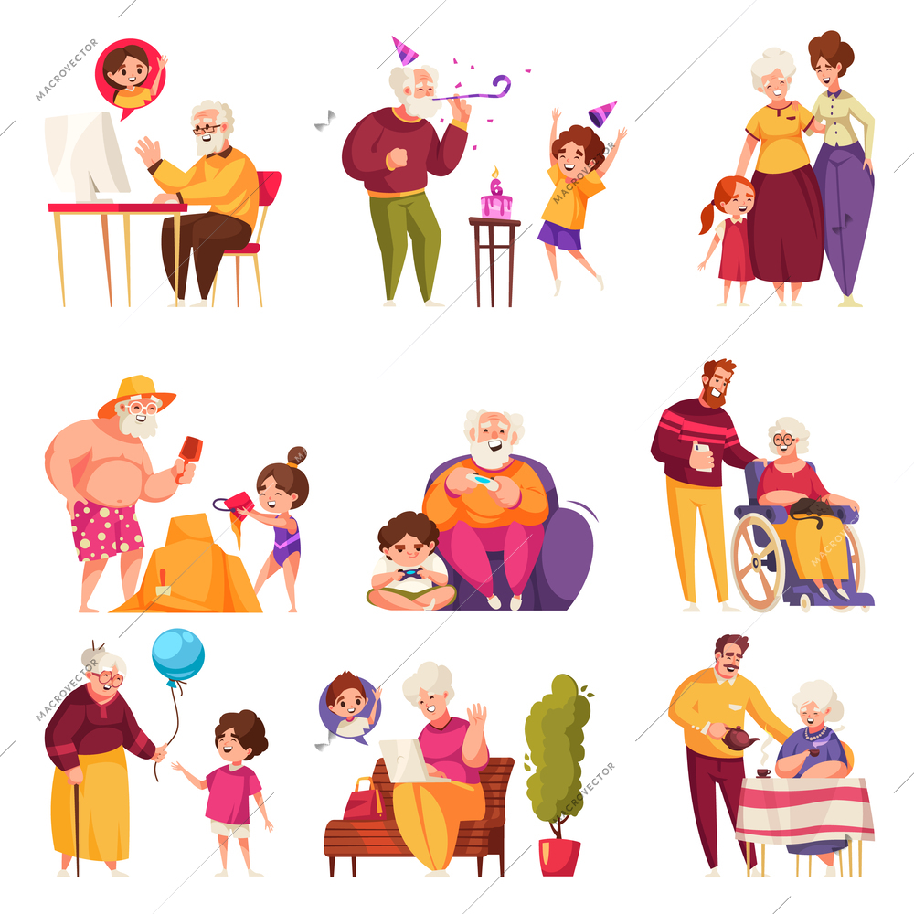 Senior relatives cartoon icons set with old people wieh younger family members isolated vector illustration