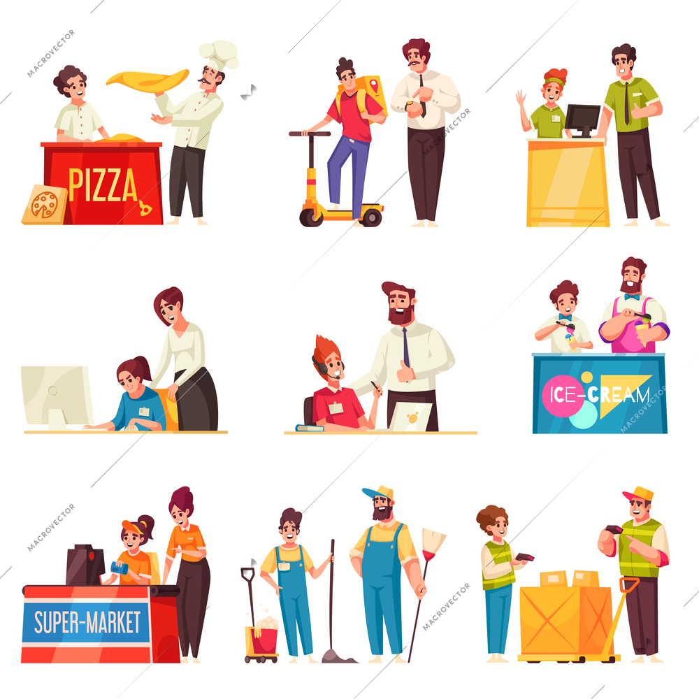 Teenagers first job and assistance work cartoon icons set isolated vector illustration