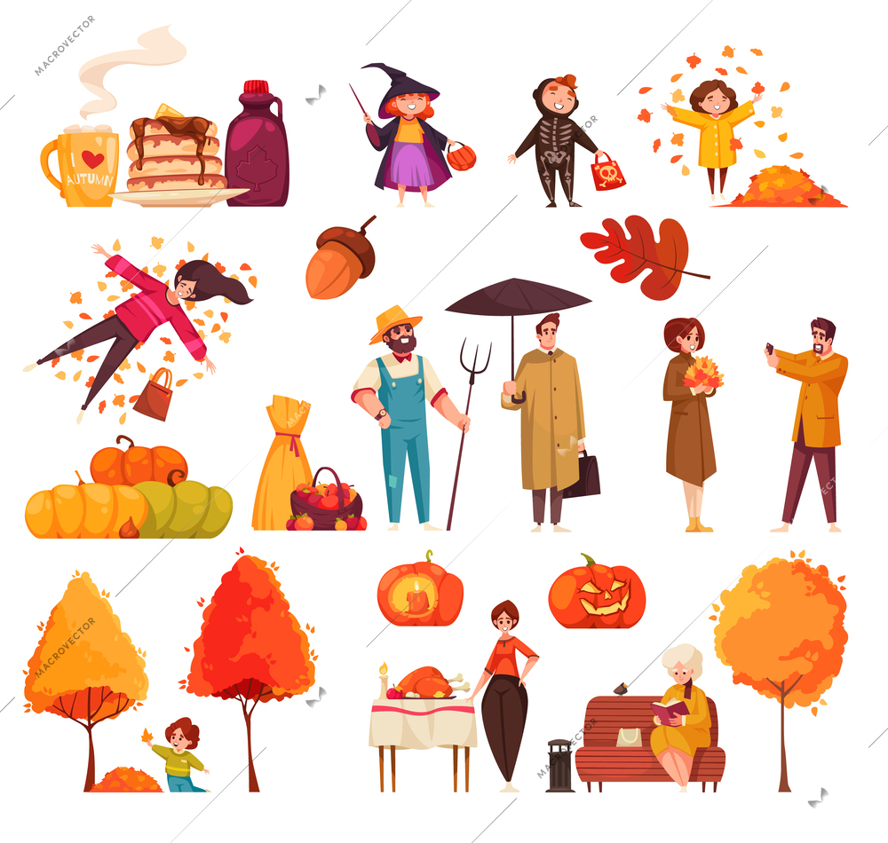 Autumn symbols cartoon set with falling leaves and halloween pumpkins isolated vector illustration