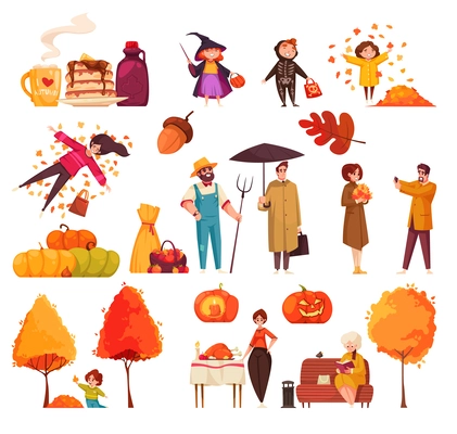 Autumn symbols cartoon set with falling leaves and halloween pumpkins isolated vector illustration