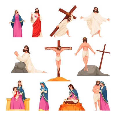 Holy bible new testament cartoon icons set with Jesus Christ and Virgin Mary isolated vector illustration