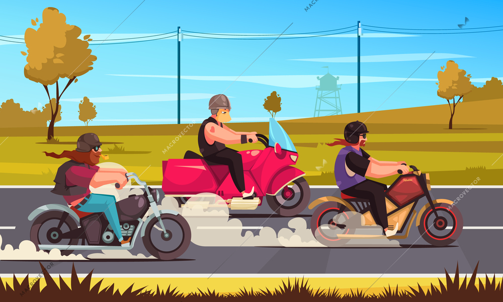 Bikers cartoon scene with bearded males riding motorcycles by country road vector illustration