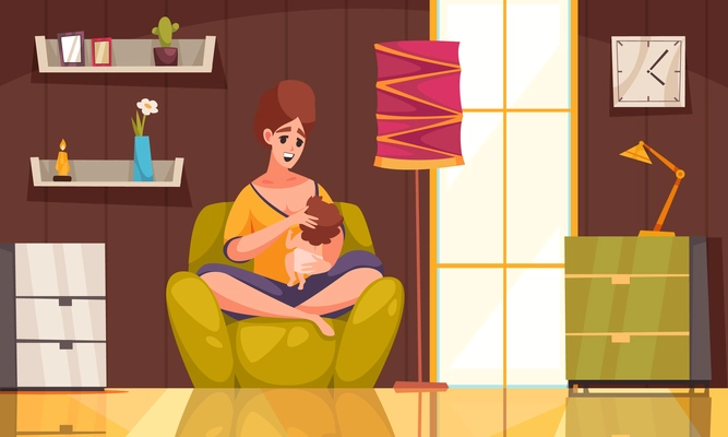 Maternity cartoon concept with mom breast feeding the child at home vector illustration
