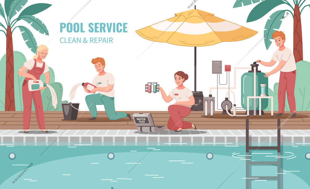 Pool service cartoon background with workers in uniform cleaning swimming pool with tools and chemicals vector illustration