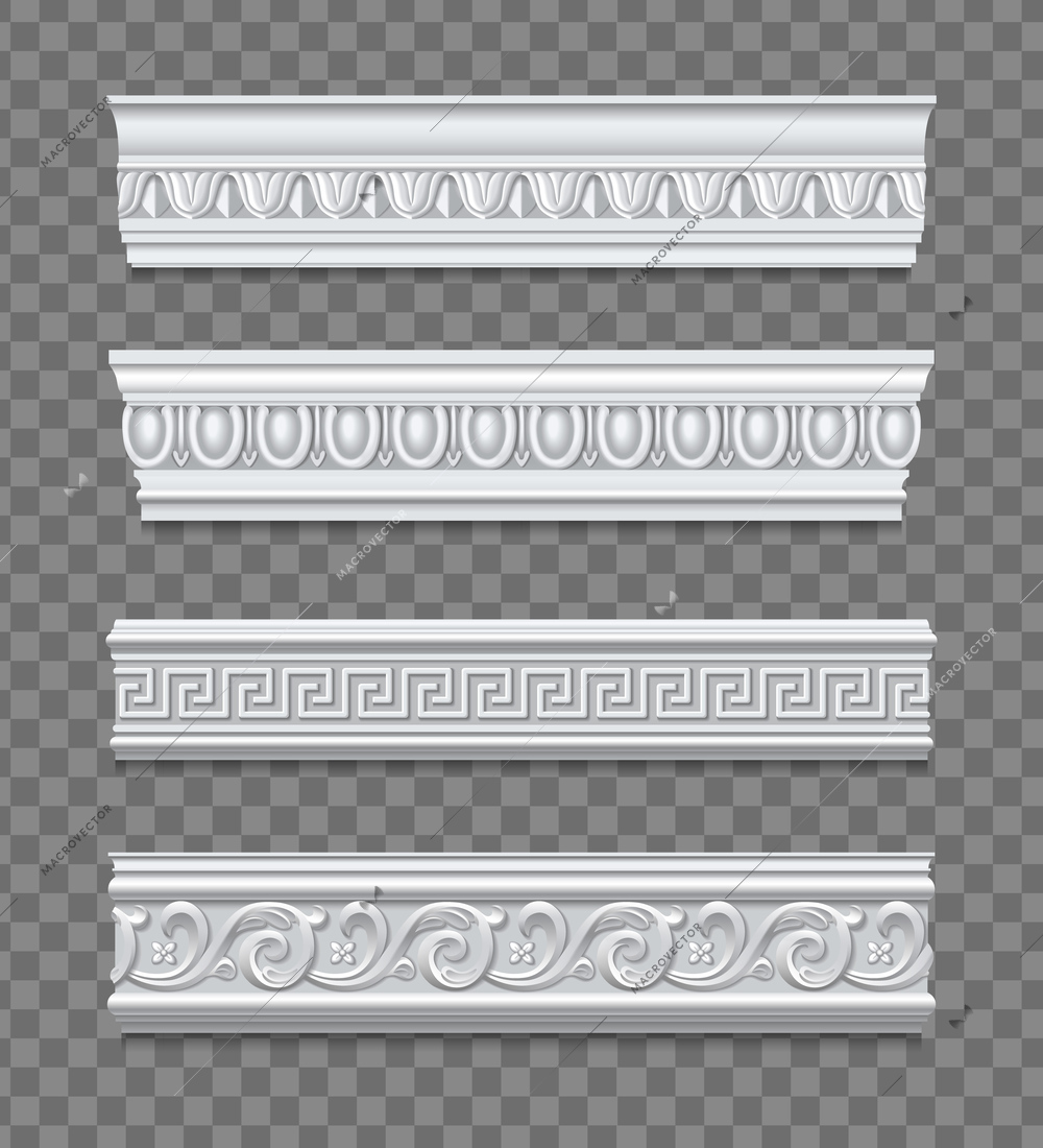 Fragments of mold cornices with classical pattern for wall decoration isolated on transparent background realistic vector illustration