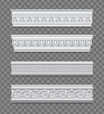 Fragments of mold cornices with classical pattern for wall decoration isolated on transparent background realistic vector illustration