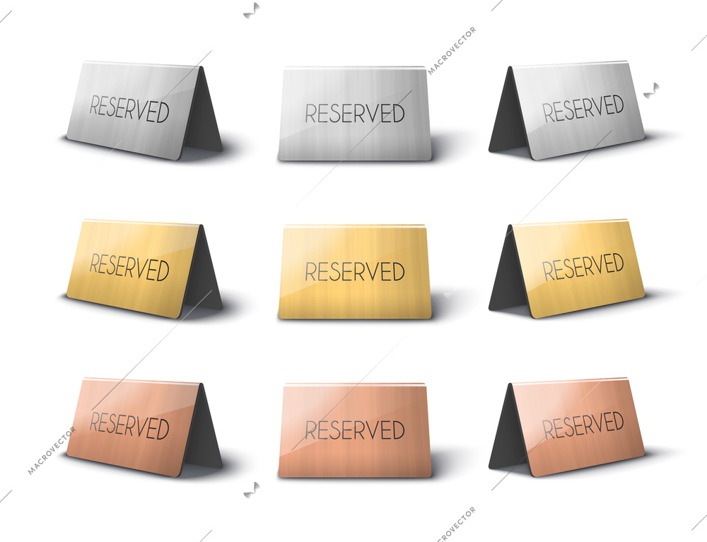 Reserved colorful paper place card realistic mockup set isolated on white background vector illustration