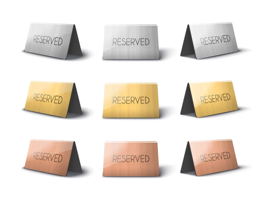 Reserved colorful paper place card realistic mockup set isolated on white background vector illustration