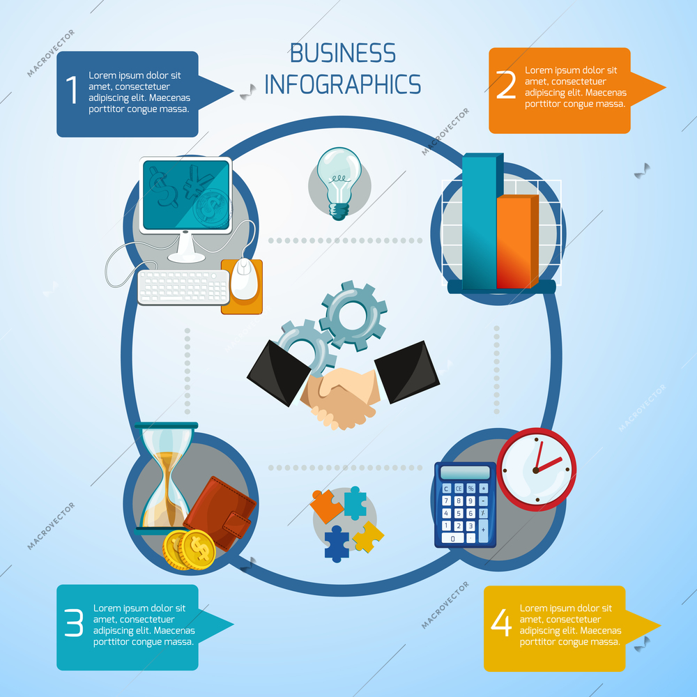 Business infographics set with management analytics and financial symbols vector illustration