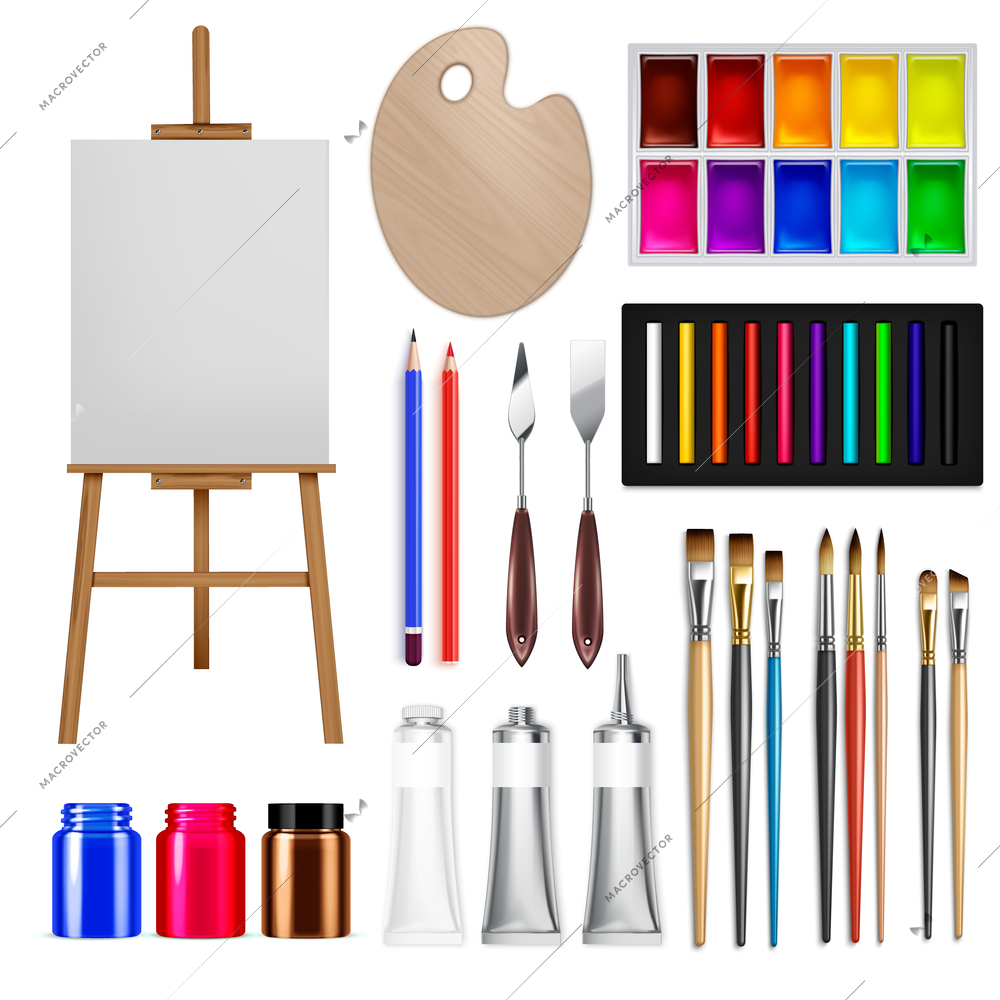 Artist tools realistic set with isolated images of drawing easel palettes paint tubes pencils and brushes vector illustration