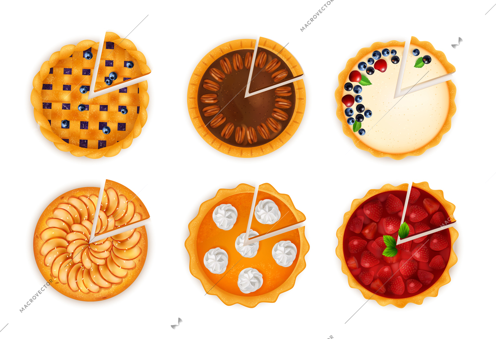 Realistic baking cakes pies set of top view images with circle sweets with different topping flavor vector illustration