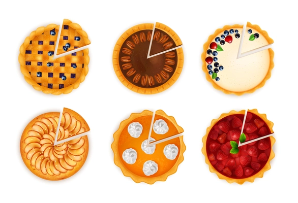 Realistic baking cakes pies set of top view images with circle sweets with different topping flavor vector illustration