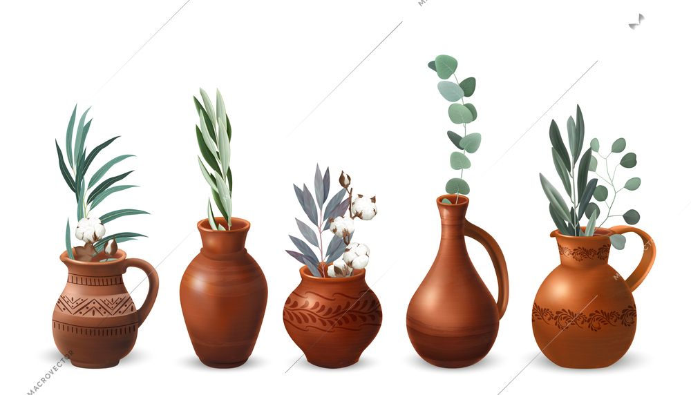 Realistic clay kitchenware dry floral set with isolated images of vases and pots with home plants vector illustration