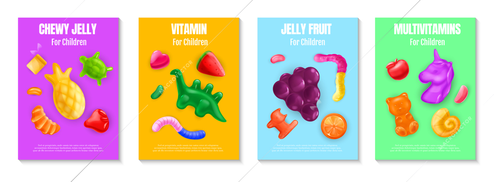 Realistic chewy jelly vitamin poster set with four isolated vertical backgrounds with text and lollipop icons vector illustration