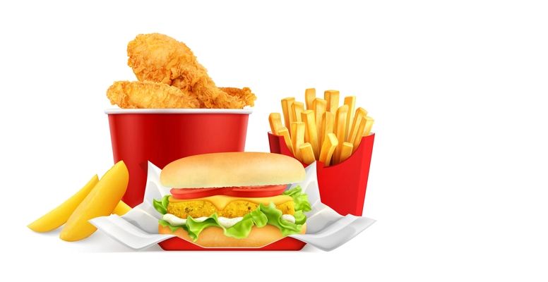 Chicken fast food realistic composition with view of junk food meals fries burger and chicken wings vector illustration