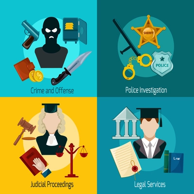 Law design concept set with crime offense police investigation judical proceedings legal services icon flat isolated vector illustration