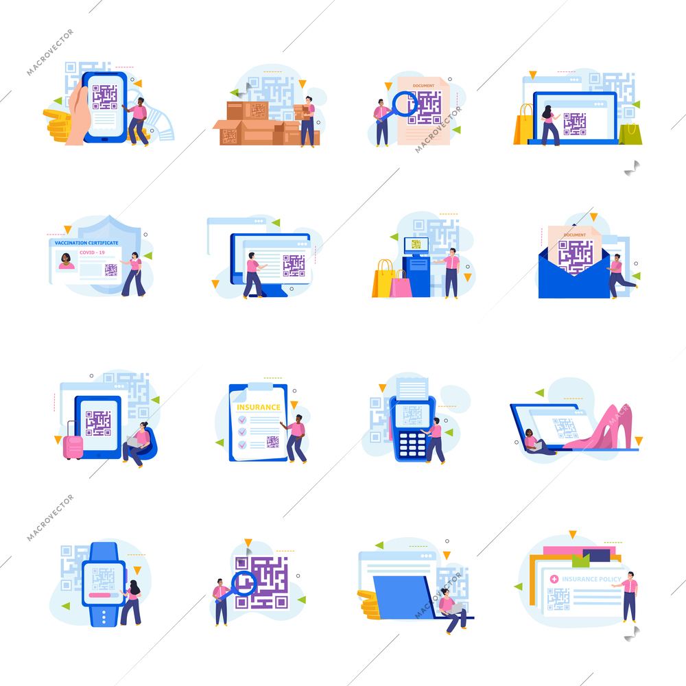 QR code icons flat set with people scanning qr code using gadgets for payment or identity verification isolated vector illustration
