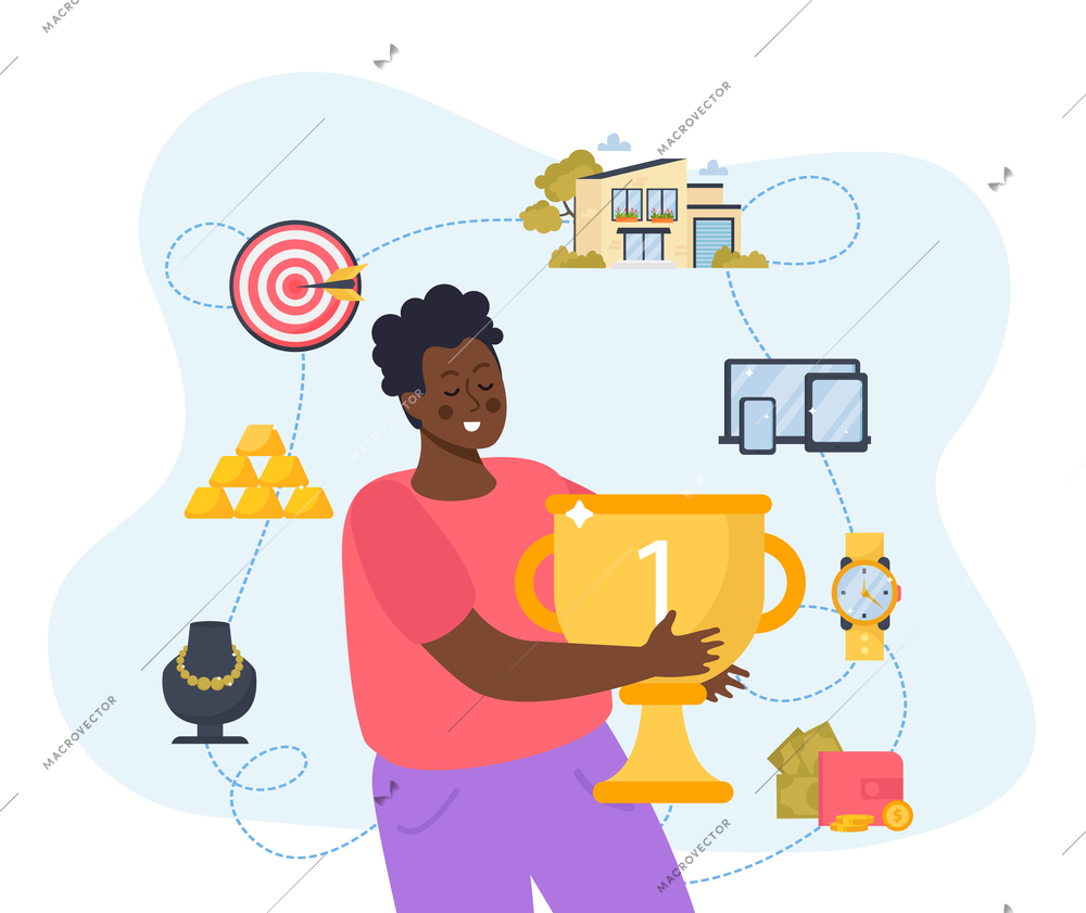 Human dreams flat concept with black man holding winners cup against icons  symbolizing wealthy and success vector illustration