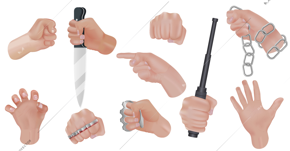 Hand agression realistic icon set hands in various threatening gestures and poses vector illustration