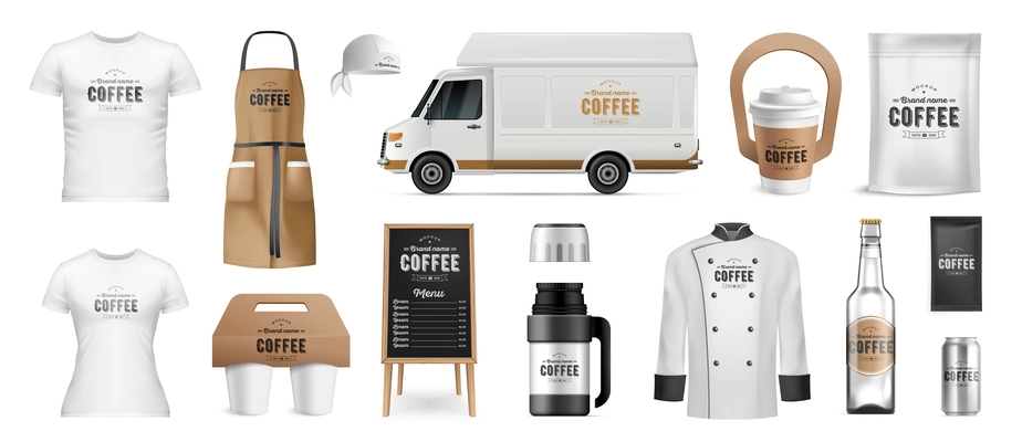 Corporate identity mockup for coffee shop realistic set with cups van bottle uniform isolated vector illustration