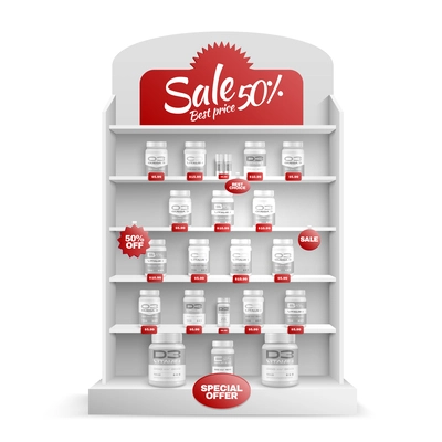 Pharma products mockup special offer realistic rack with vitamin packagings vector illustration