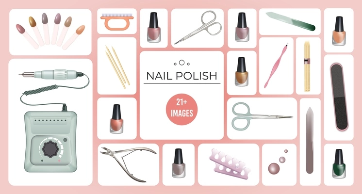 Realistic manicure nail polish set of square compositions with isolated images of tools for polishing fingernails vector illustration