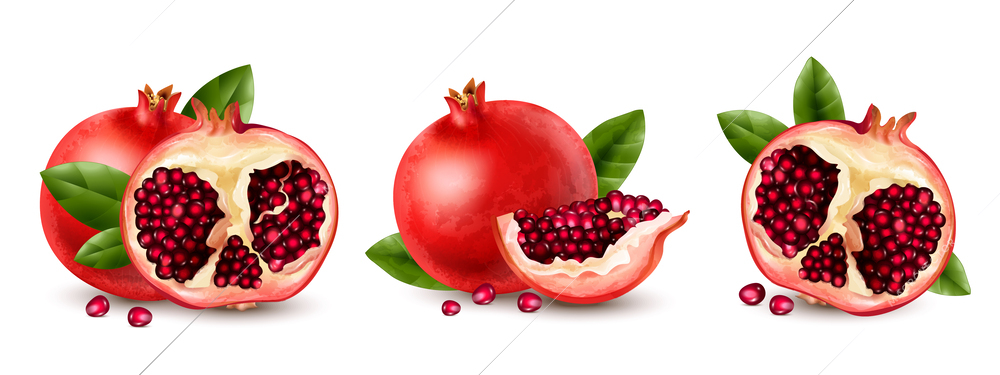 Pomegranate realistic set with orgranic food symbols isolated vector illustration