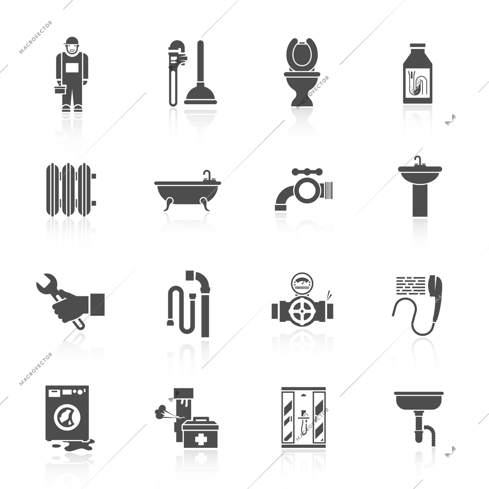 Home facilities water pipe sections assembly and leakage fixing plumber helper icons set black isolated vector illustration