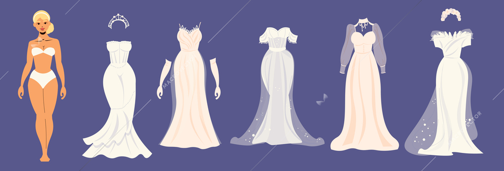 Paper doll wedding dress set with beauty and fashion symbols flat isolated vector illustration