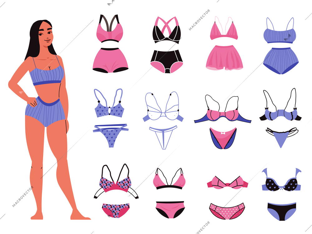 Female lingerie set with beauty and fashion symbols flat isolated vector illustration