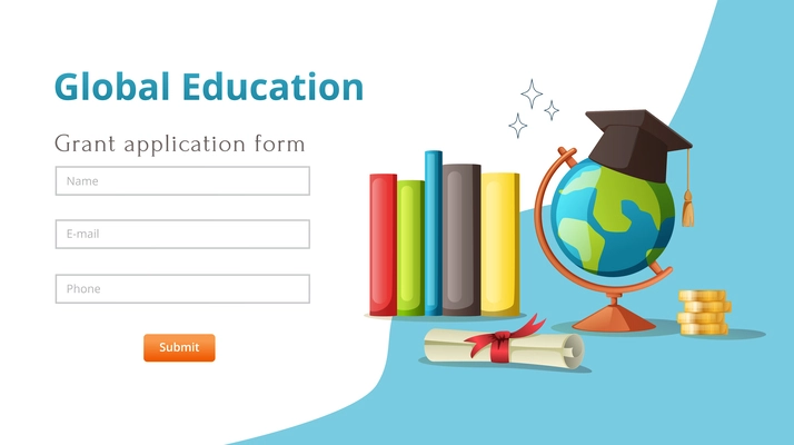 Global education student exchange cartoon web site landing page with contact forms submit button and books vector illustration