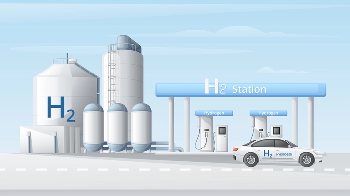 Green hydrogen energy fuel generation cartoon composition with view of road with refilling station and car vector illustration