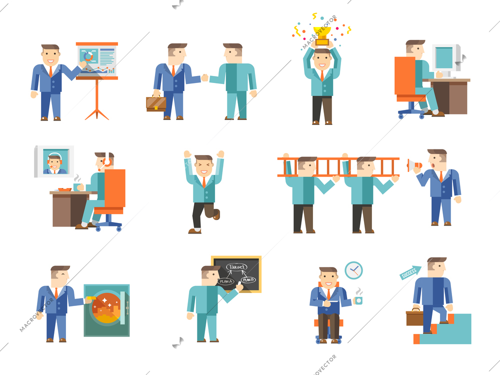 Businessman working flat icons with workflow teamwork and coffee break symbols set isolated vector illustration