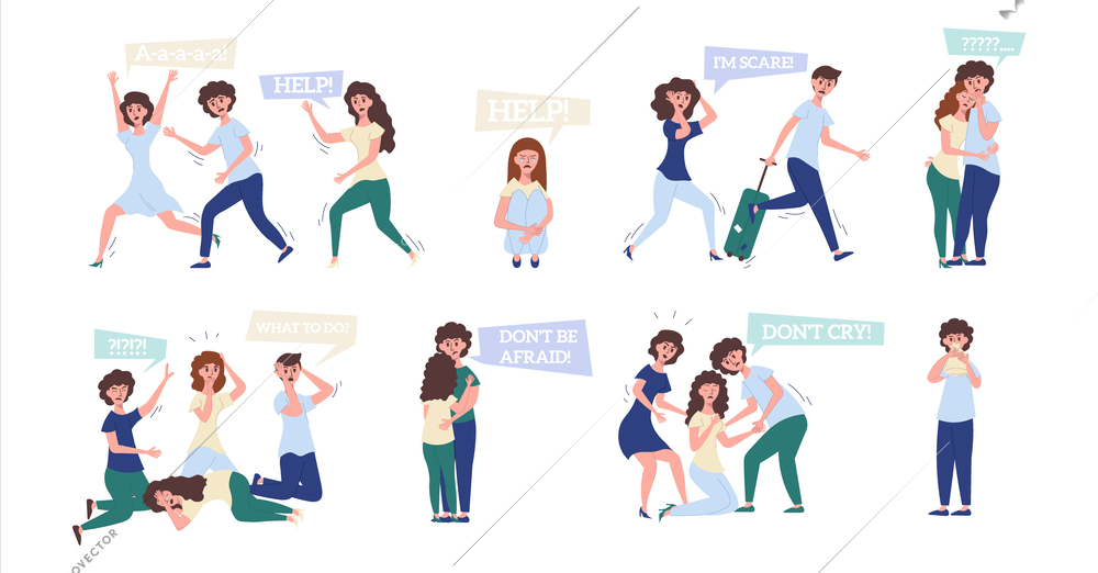 Panic flat set of adult people scared crying asking for help isolated vector illustration