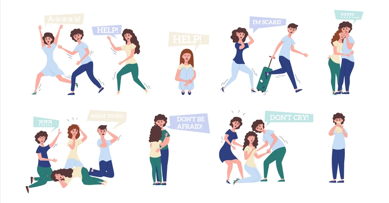 Panic flat set of adult people scared crying asking for help isolated vector illustration