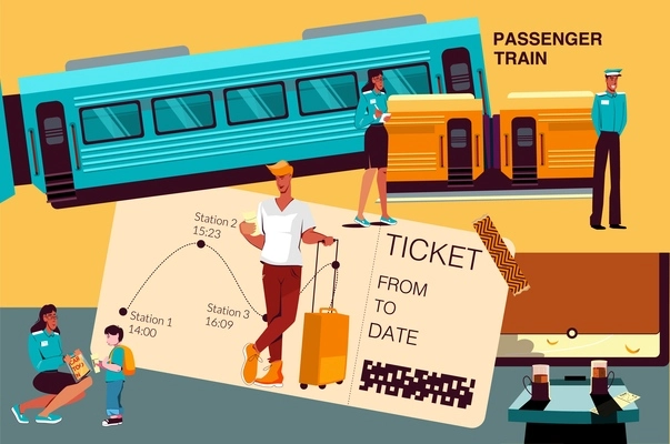 Public train flat collage with big  ticket image and little characters of passengers and staff in uniform vector illustration