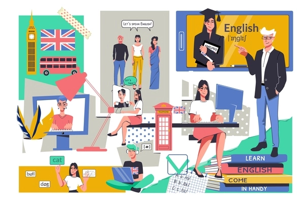 English learning flat collage with people getting listening skills using online education vector illustration