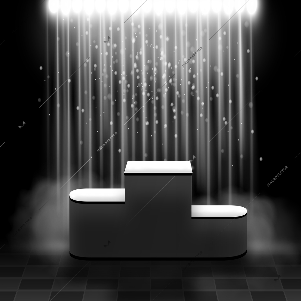 Empty pedestal illuminated by spotlights in dark room realistic composition vector illustration