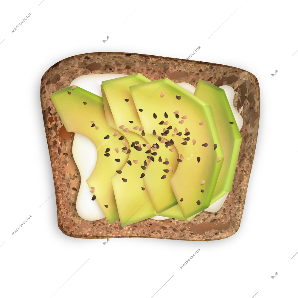 Realistic healthy wholemeal toast with avocado slices vector illustration