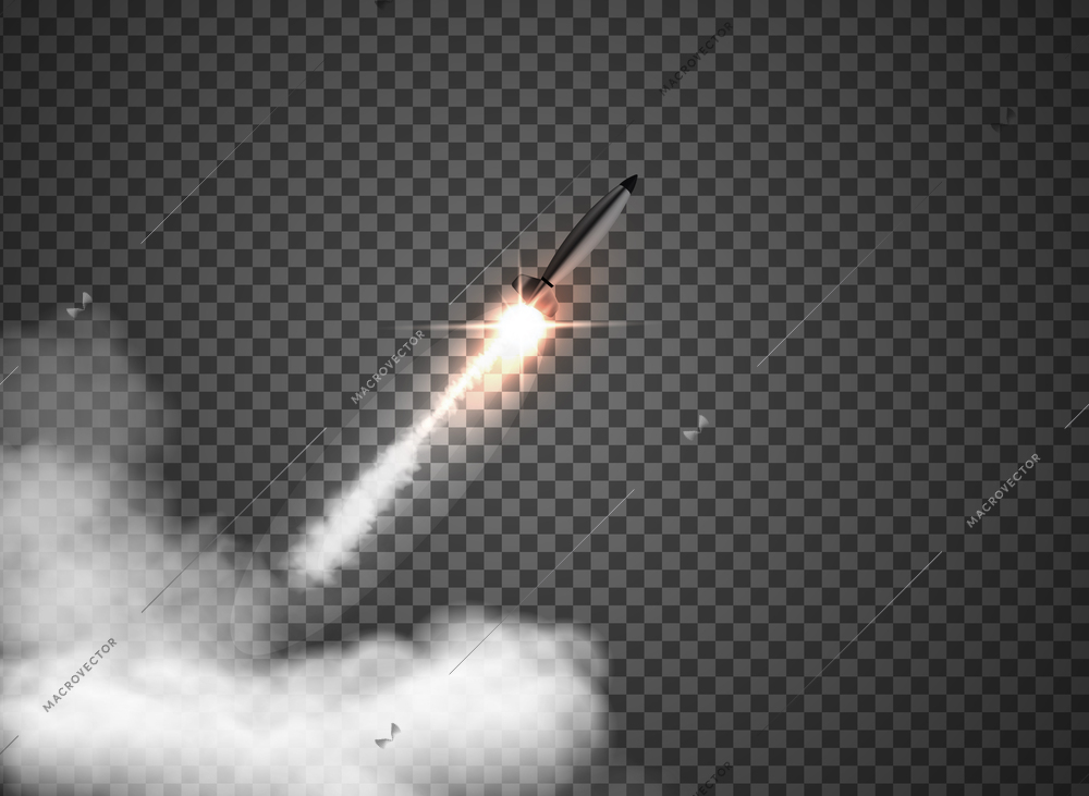 Launched missile leaving smoke contrail realistic composition against transparent background vector illustration